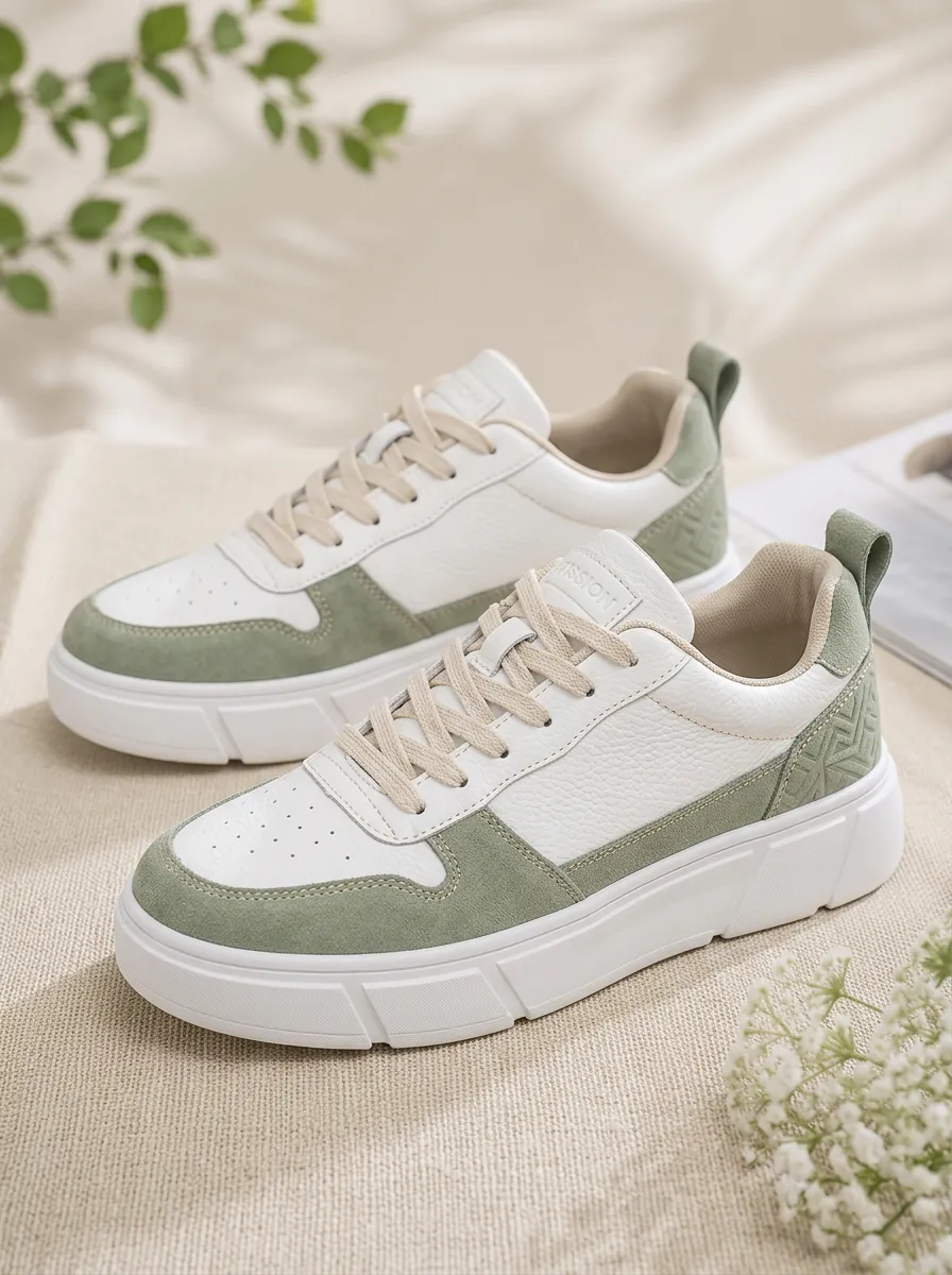 Men's Sage Green White Colorblock Geometric Pattern Casual Sneakers