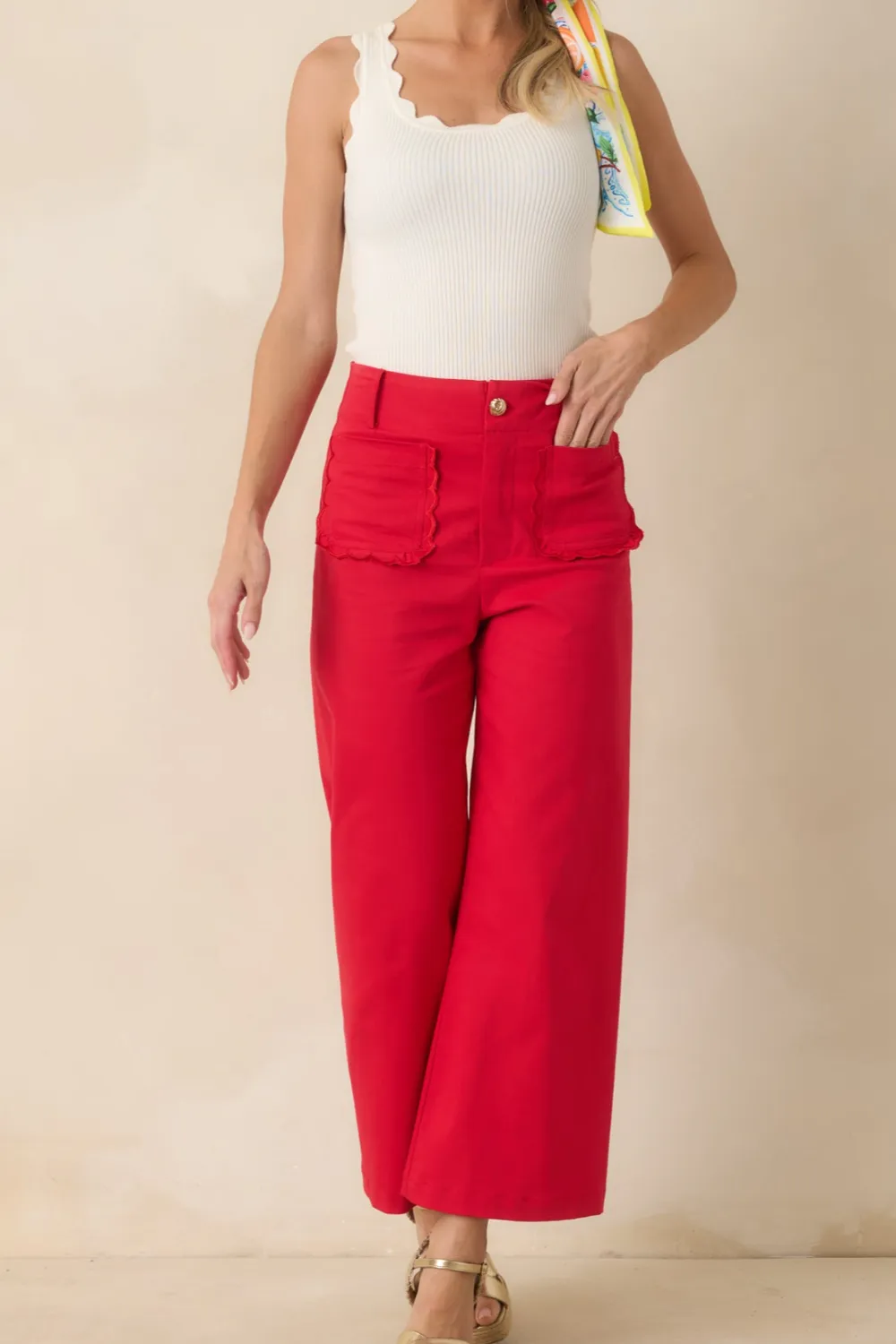 Cherry Cotton Scalloped Pocket Pants