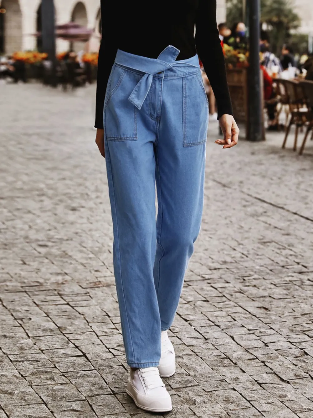 Refined Washed Tie-Waist Pocketed Stretch Straight Leg Jeans