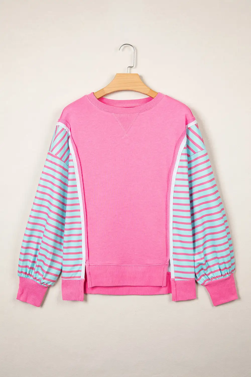 Striped Round Neck Split Hem Relaxed Long Sleeve Top