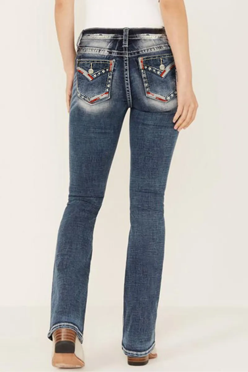 Mid Waist Wash Flare Leg Jeans