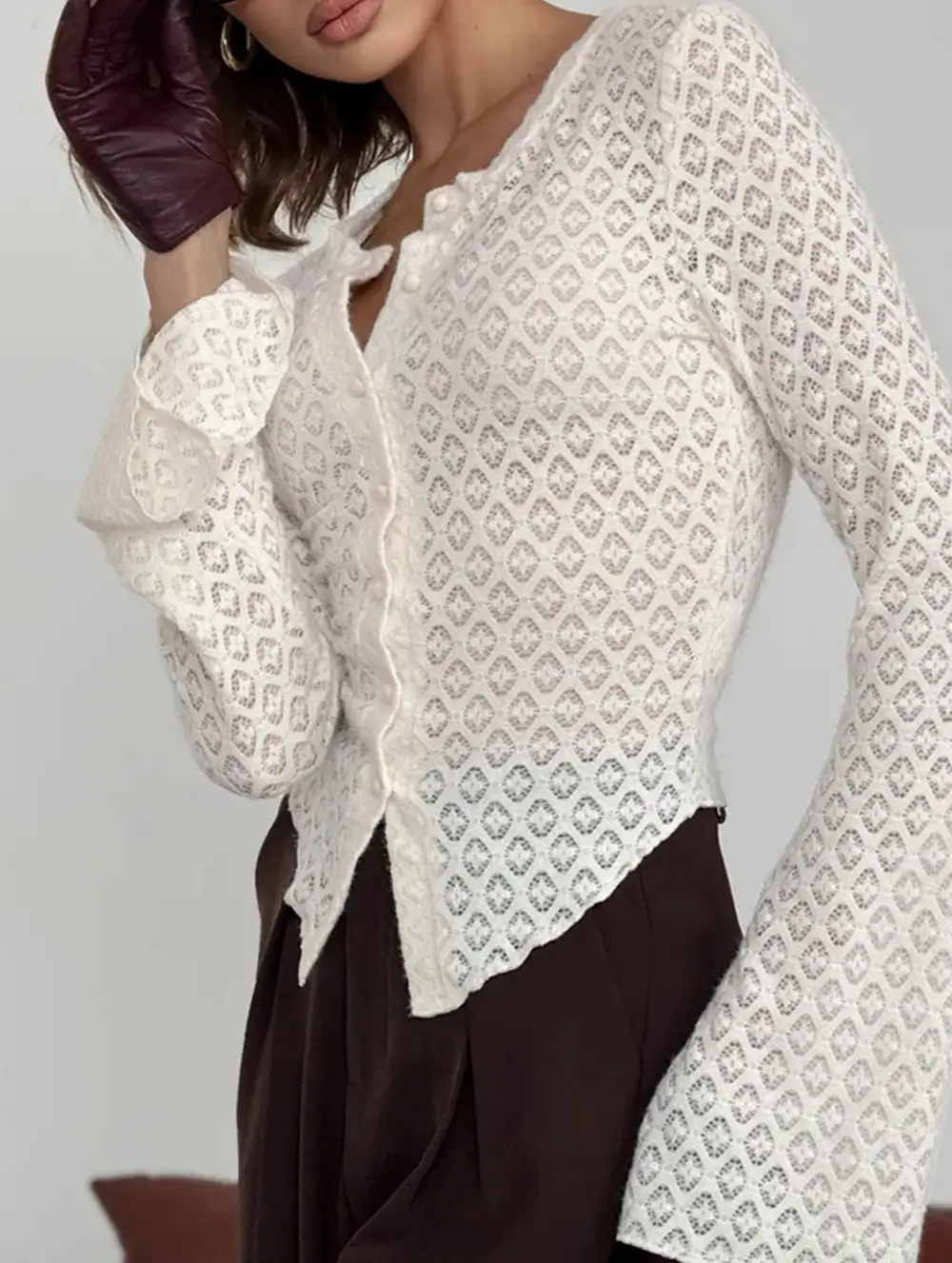 Crew Neck Lace Knit Cardigan Flare Sleeve Top