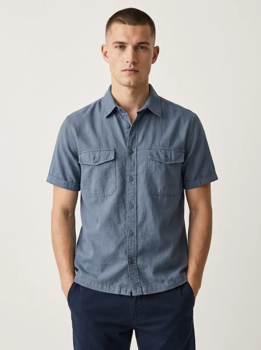 Men's Casual Breathable Blue Double Pocket Button-Down Shirt