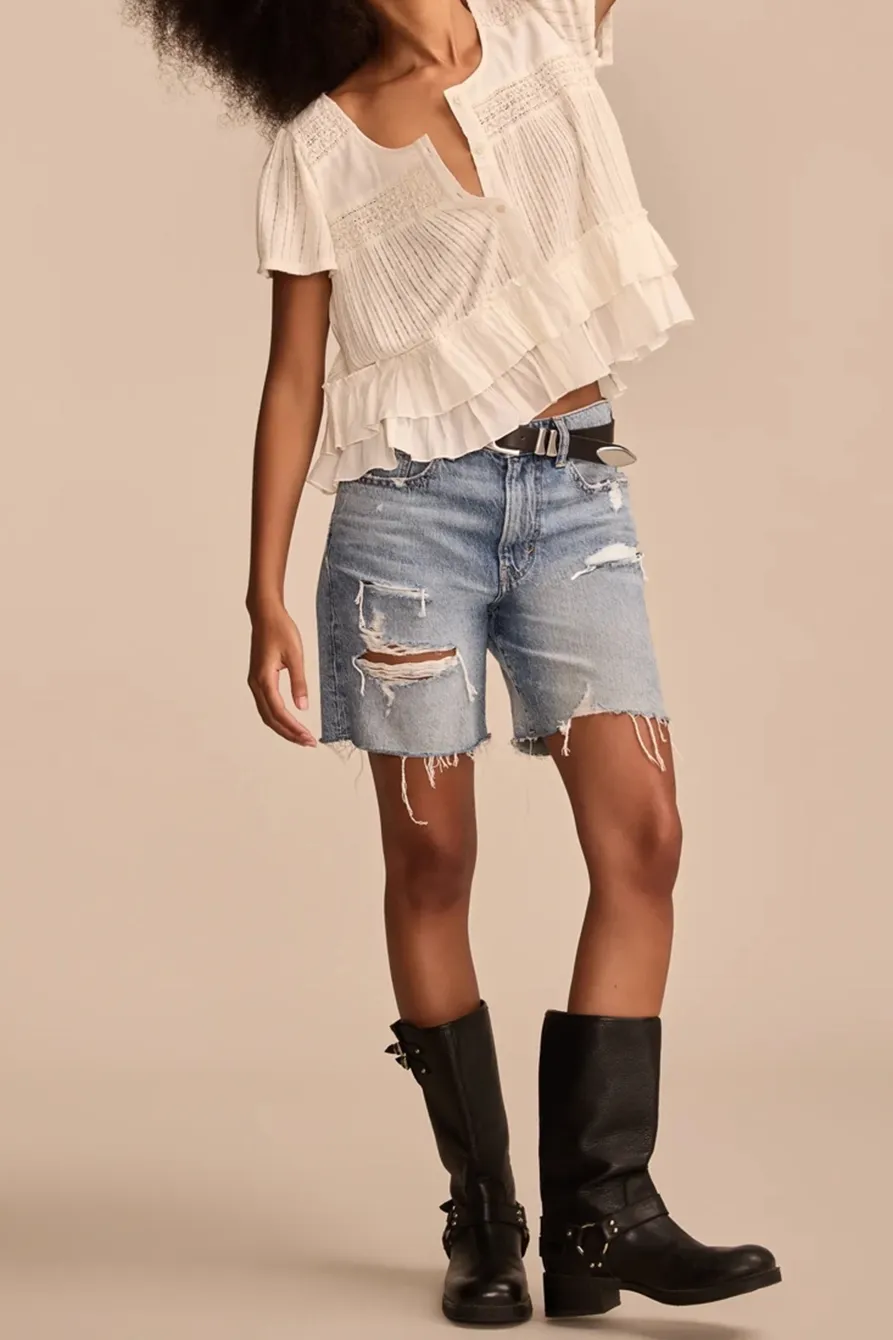 White Smocked Lace Tee