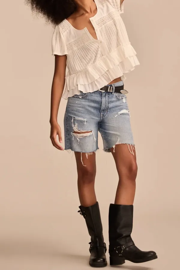 White Smocked Lace Tee