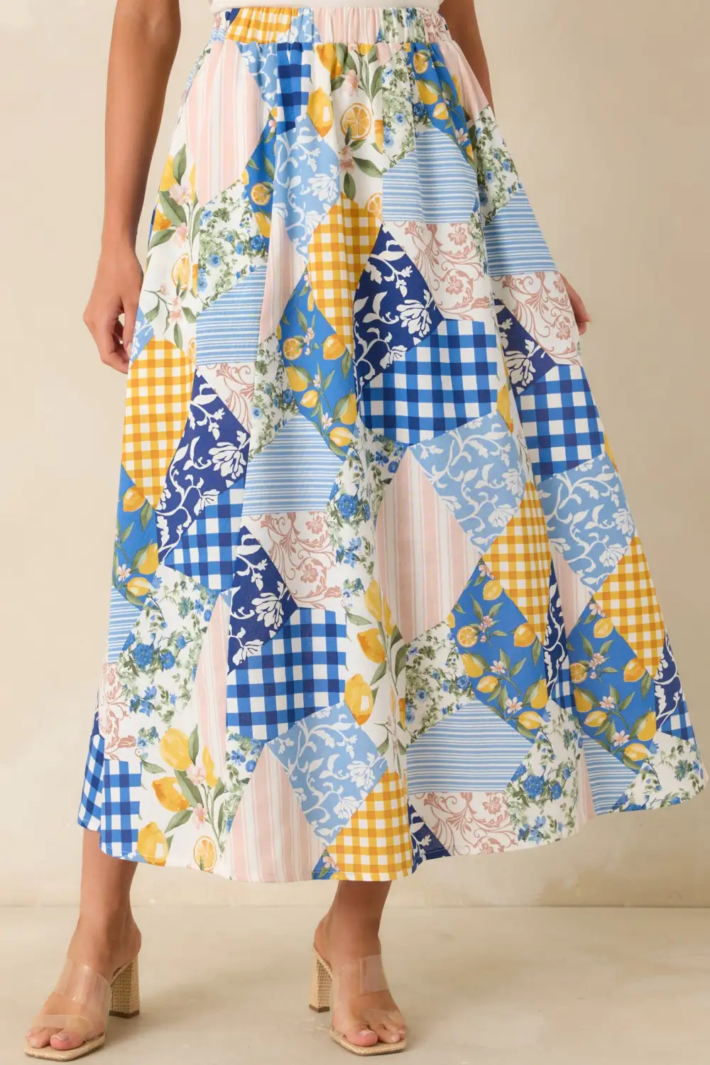 Multicolor Patchwork Print Midi Skirt