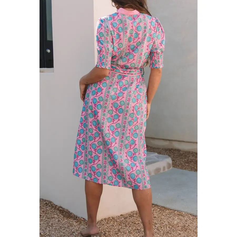 Shirred Sleeve Buttoned Front Midi Dress with Sash
