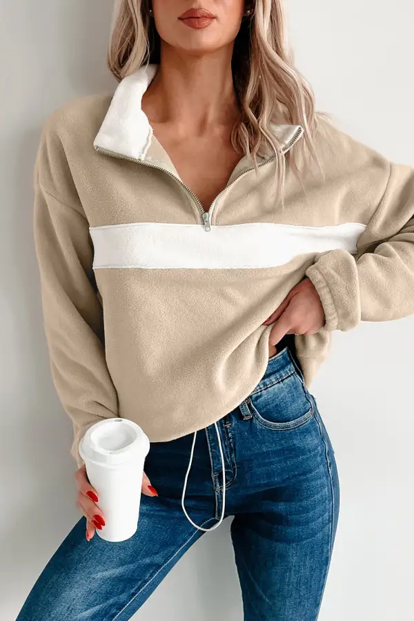 Patchwork Fleece Zip Detail Zip Pullover Sweatshirt
