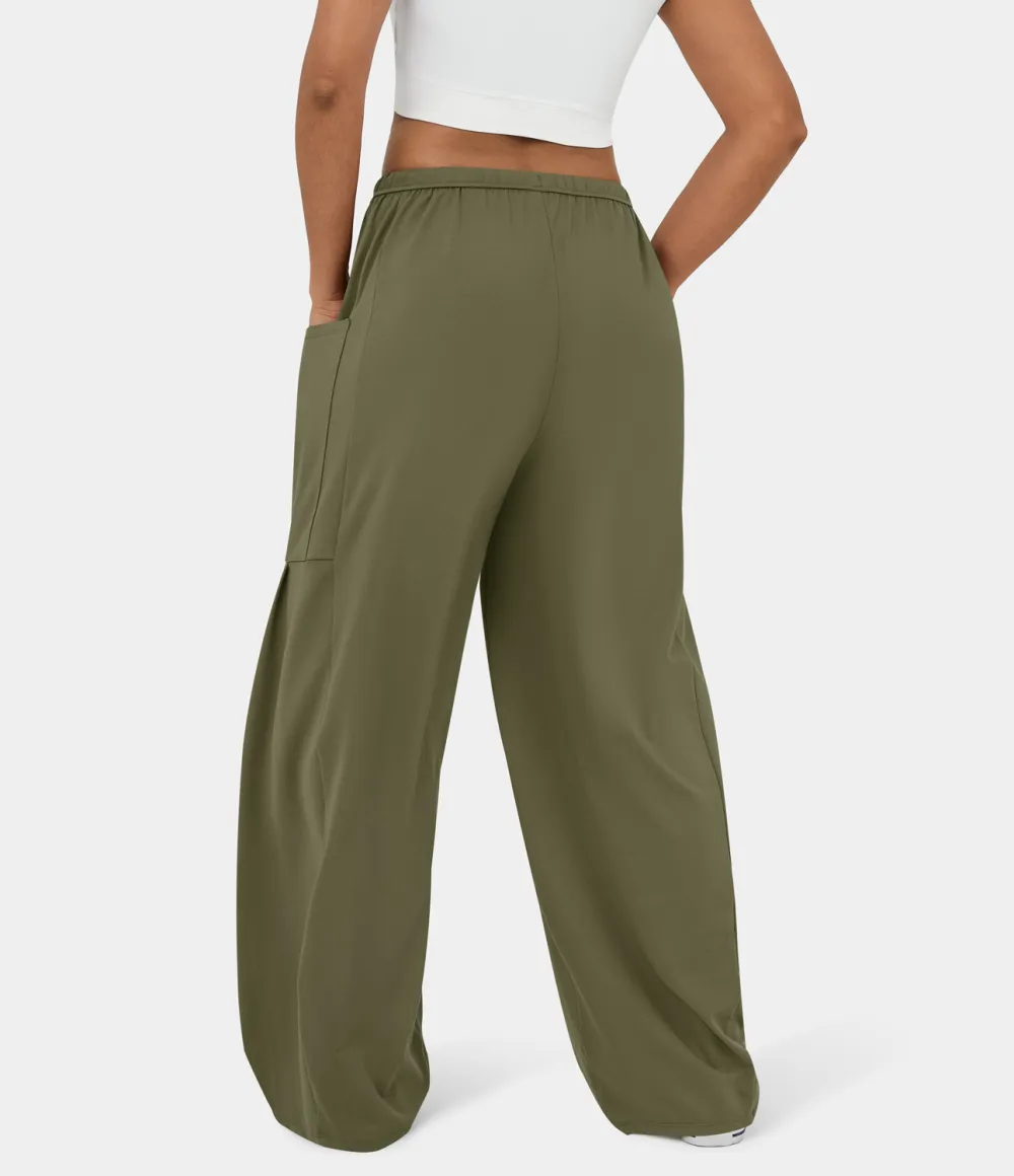 Mid Rise Elastic Waistband Drawstring Side Pocket Palazzo Flowy Wide Leg Casual Pants