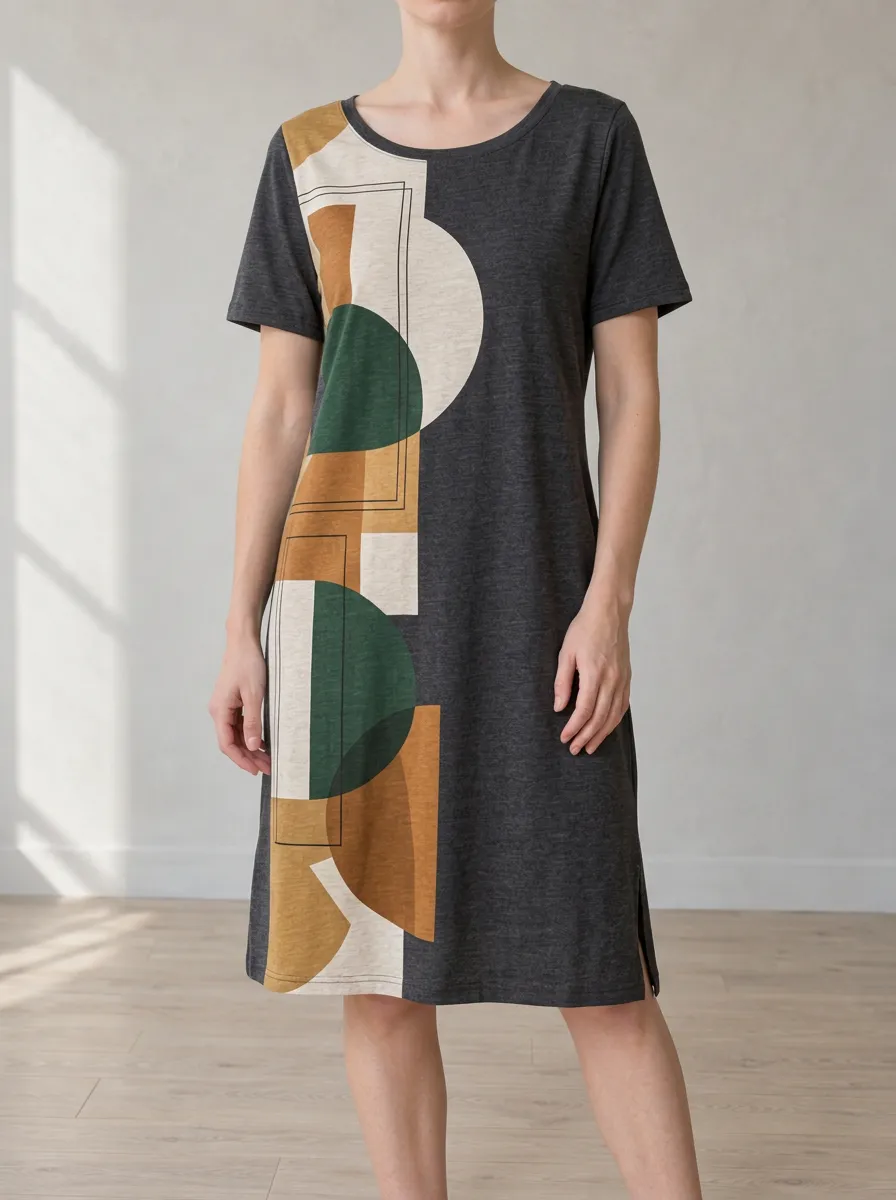 Women's Round Neck Shift Geometric Print Shift Dress