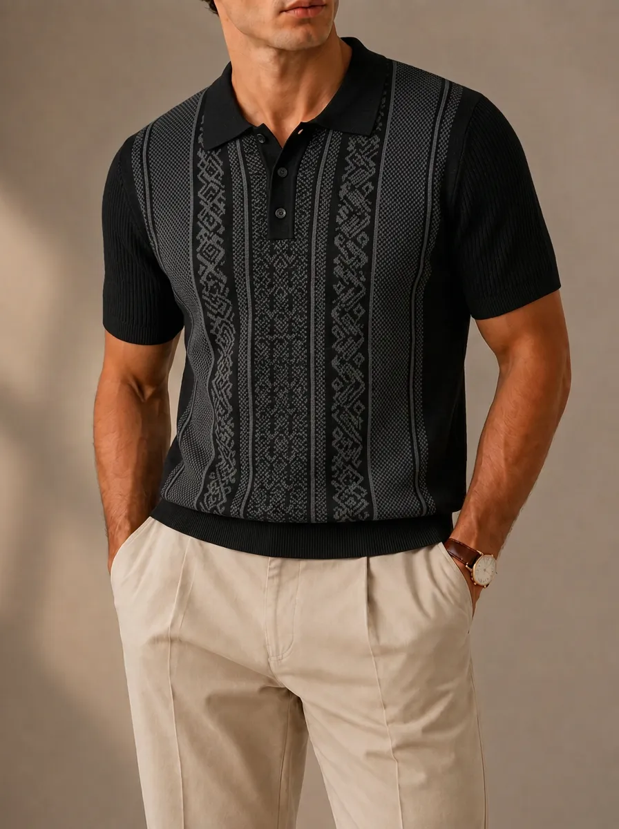 Men's Geometric Pattern Knit Polo Shirt Featuring Front-Panel Detail