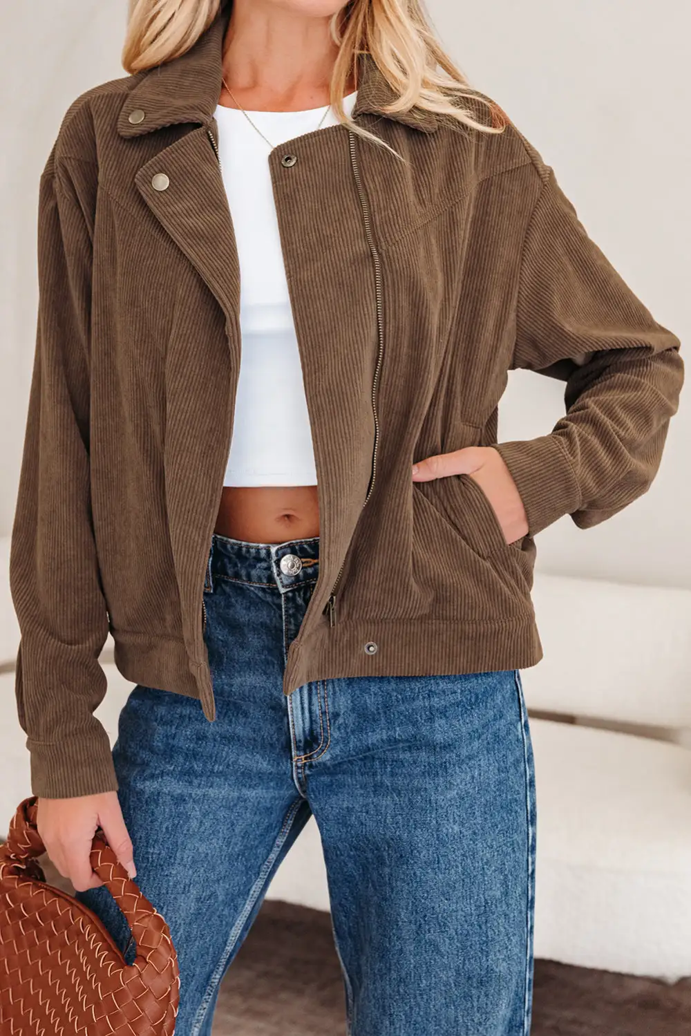 Zip-Up Lapel-Collar Collared Corduroy Jacket