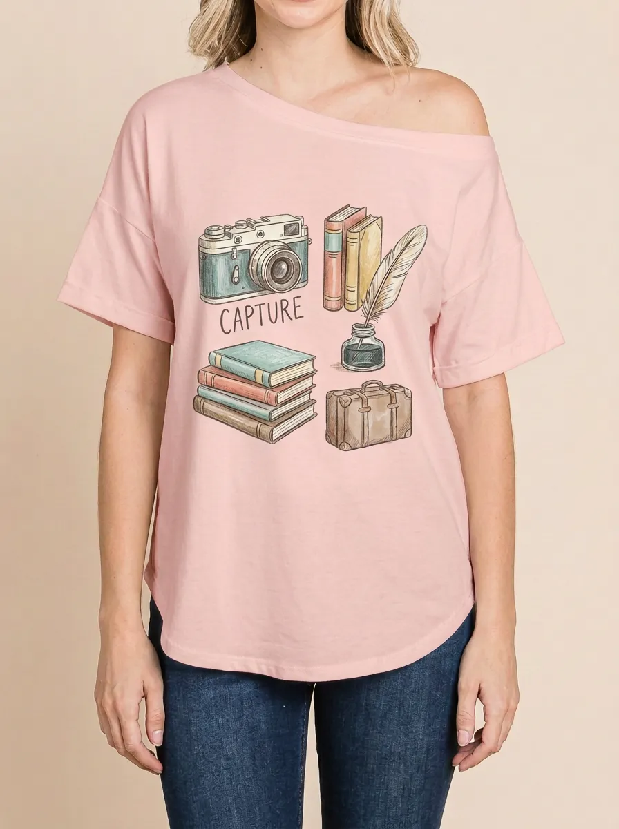 Women's Writer Photographer Capture Books Quill Graphic T-Shirt