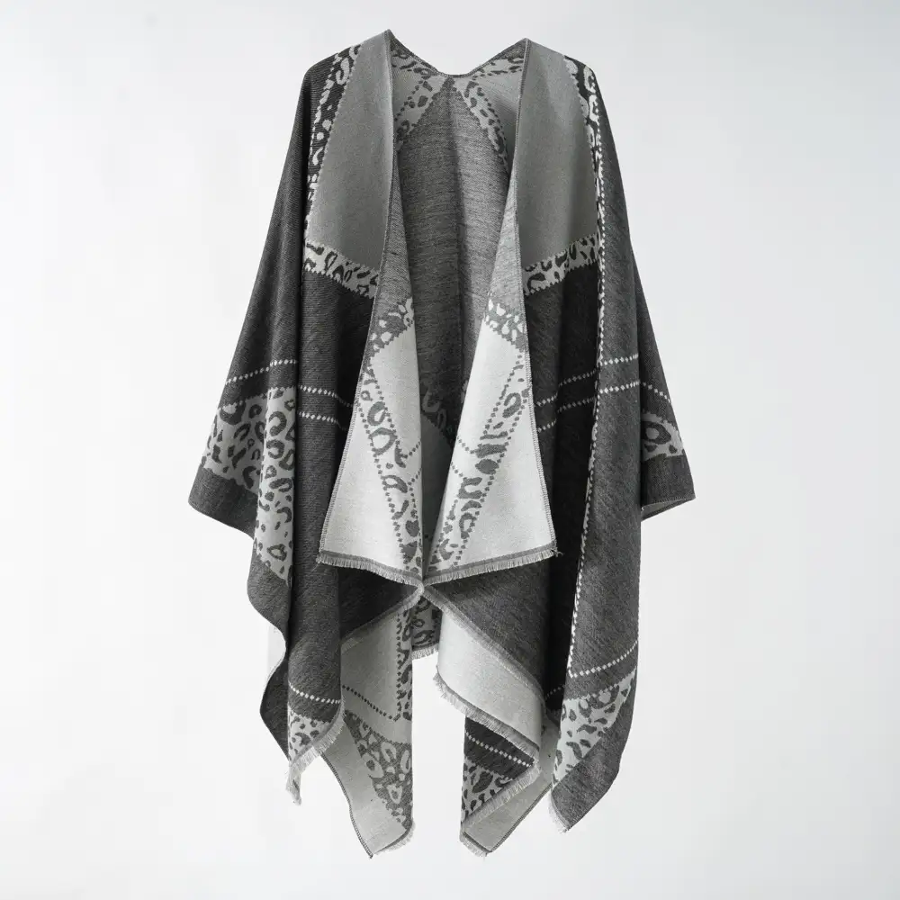 Reversible Fringed Wool Blend Poncho Wrap