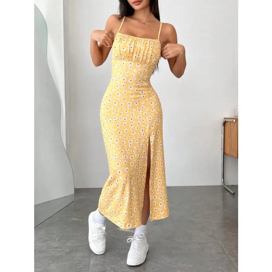 Daisy Print Cami Midi Dress with Slit