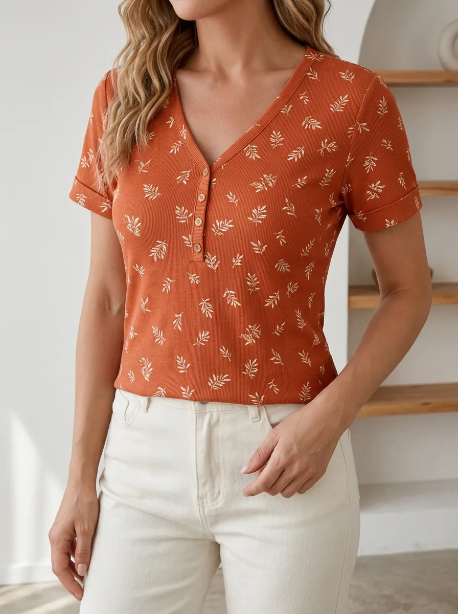Women's Boho Leaf Pattern Printed Ribbed Henley Shirt