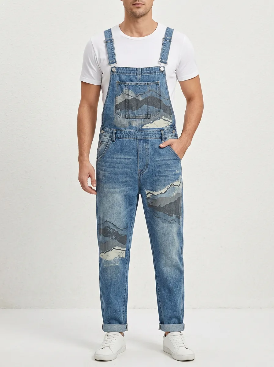 Graphic Print Denim Overalls