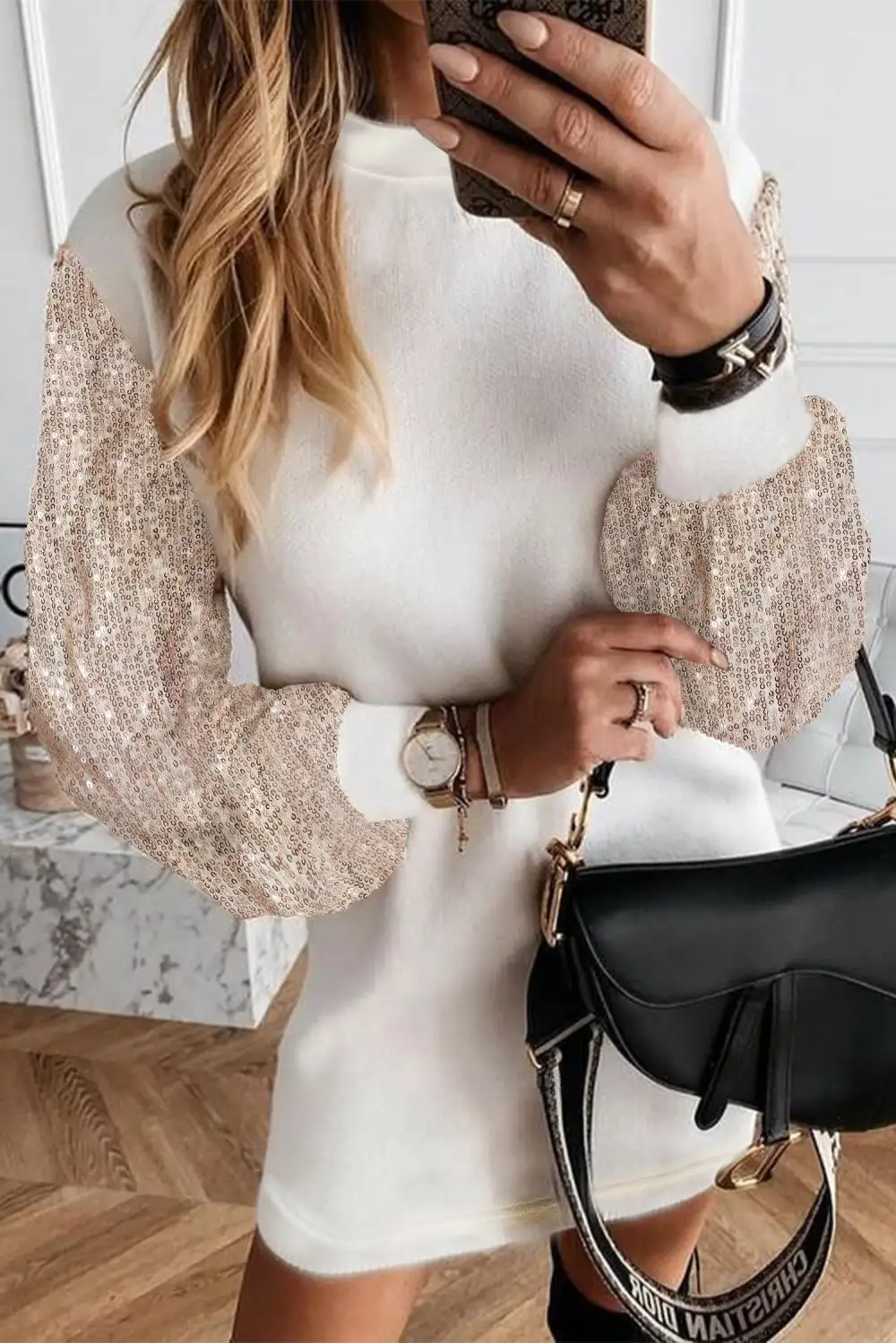 Sequin Puff Sleeve Shift Mini Dress