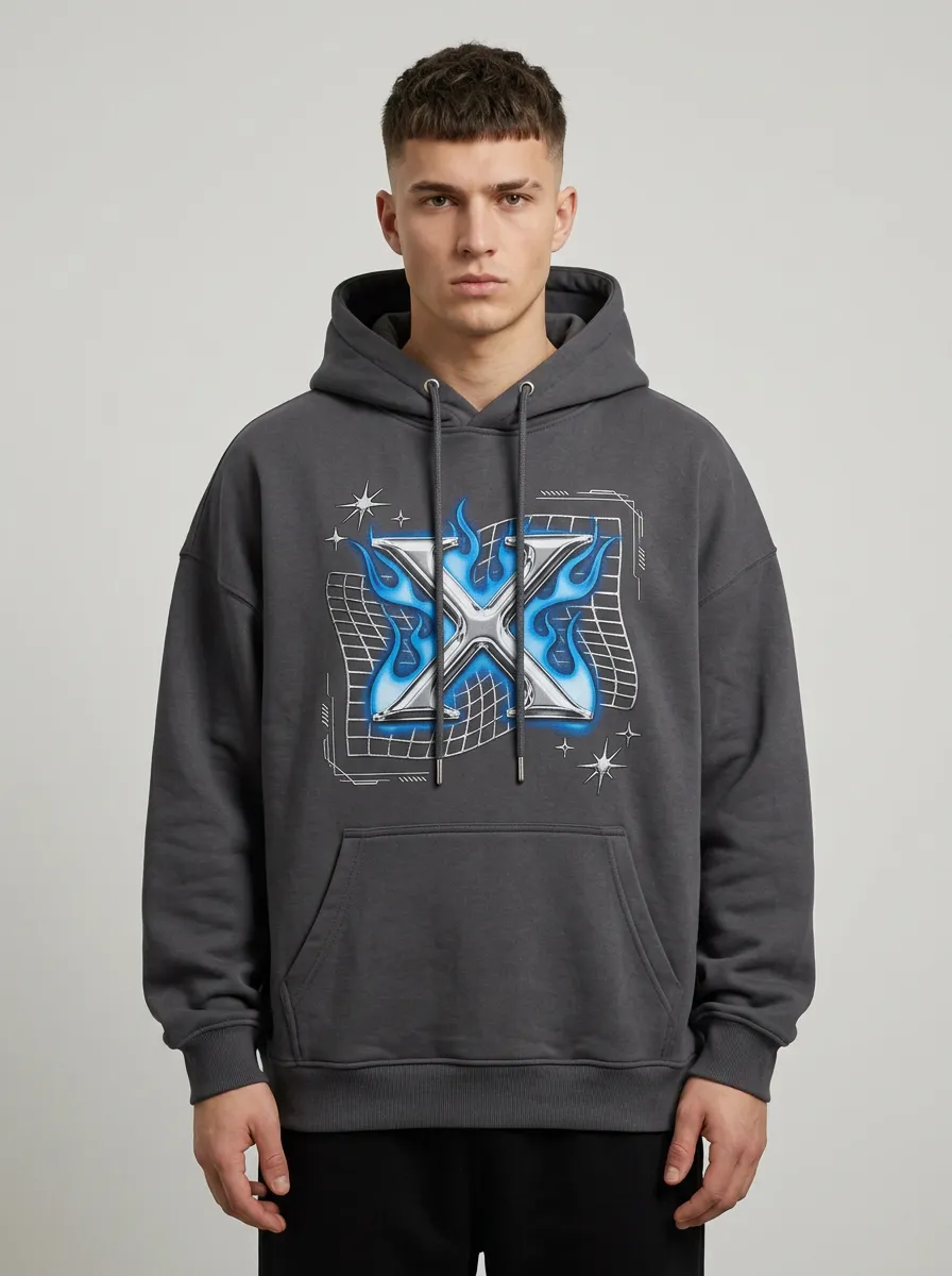 Unisex Y2K Streetwear Blue Flame X Letter Hoodie