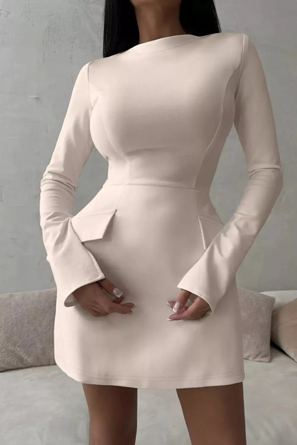 Long-Sleeve Mini Dress With Flap Pockets