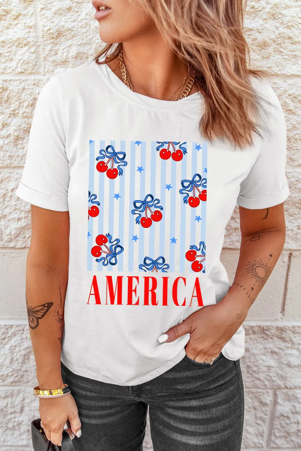 White Bow Cherry Graphic Crewneck Tee