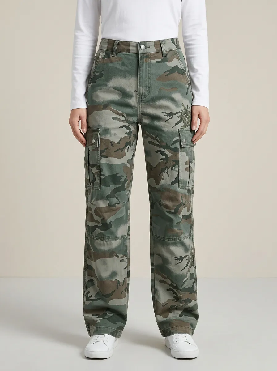 Women's Camouflage High-Rise Snap-Flap Pocket Slant-Pocket Straight-Leg Cargo Pants