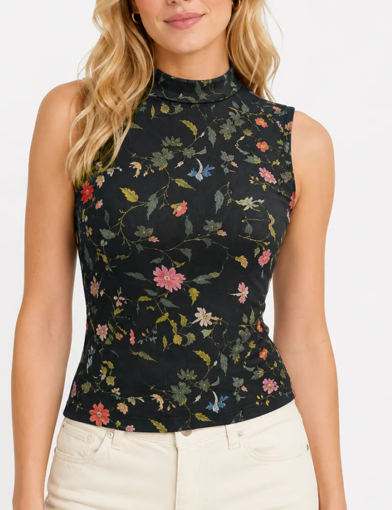 Sheer Mesh Turtle Neck Sleeveless Top
