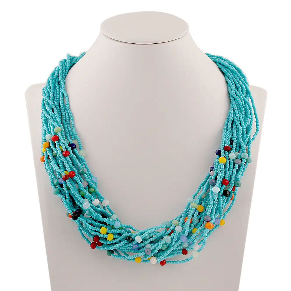 Multicolor Beaded Layered Necklace Ethnic Retro Style Collarbone Chain