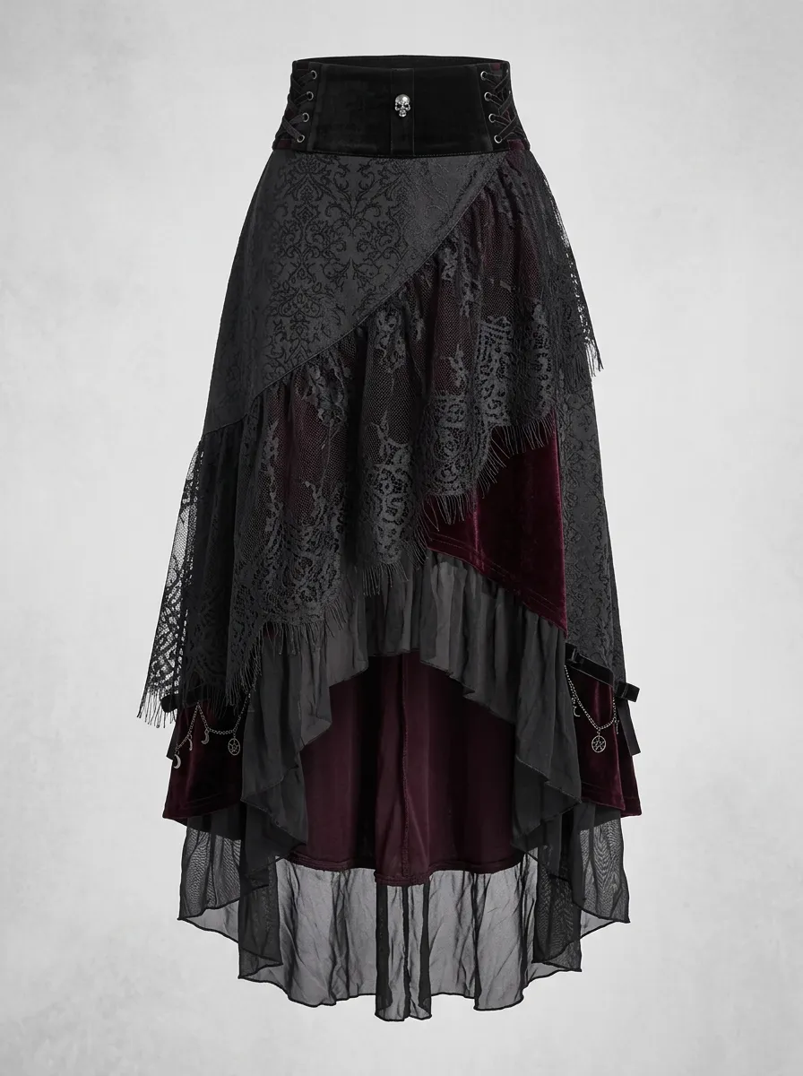 Noir Victorian Lace Velvet Victorian Look Women's Gothic High-Low Skirt