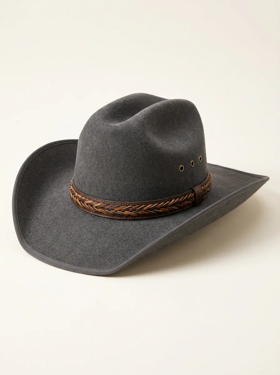 Braided Leather Detail Grey Felt Cowboy Hat