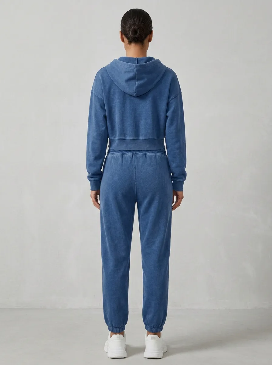 Zip-Up Vintage-Wash Women's Cropped Zip-Up Hoodie Jogger Active Set