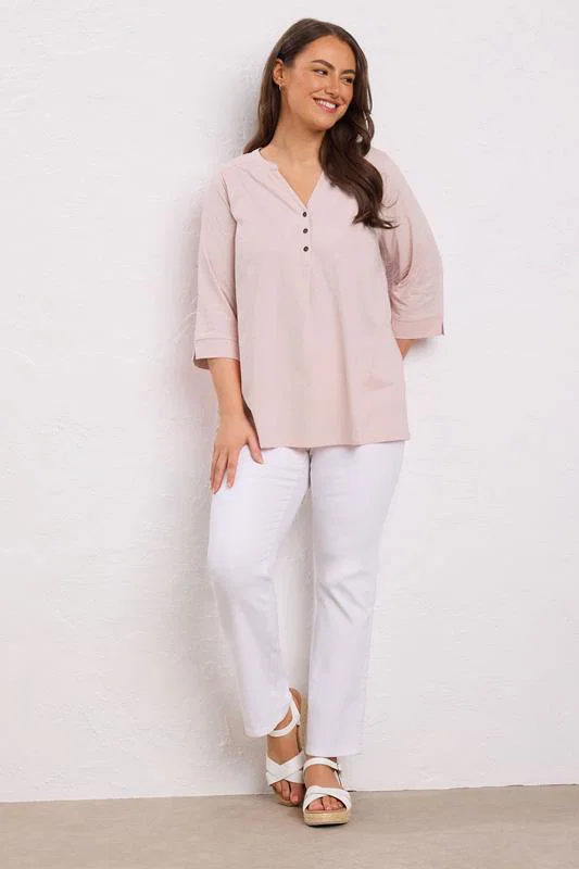 Pink Pleat Front Henley Top detail 1