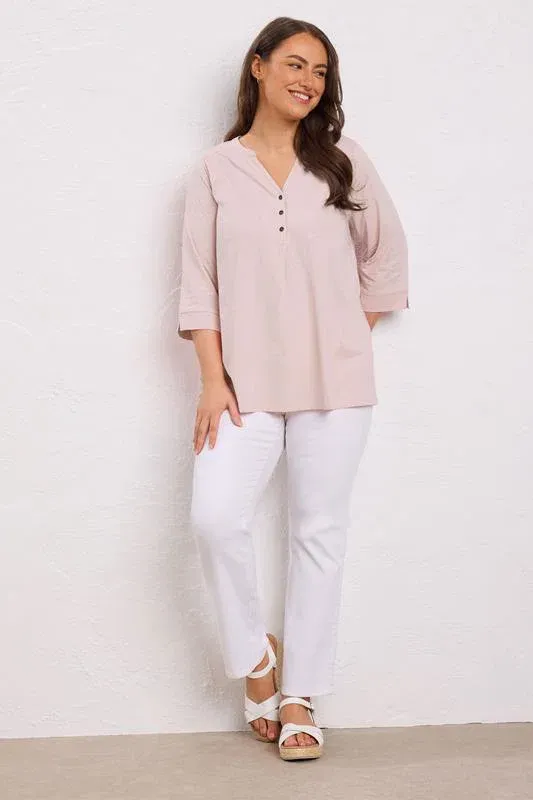 Pink Pleat Front Henley Top