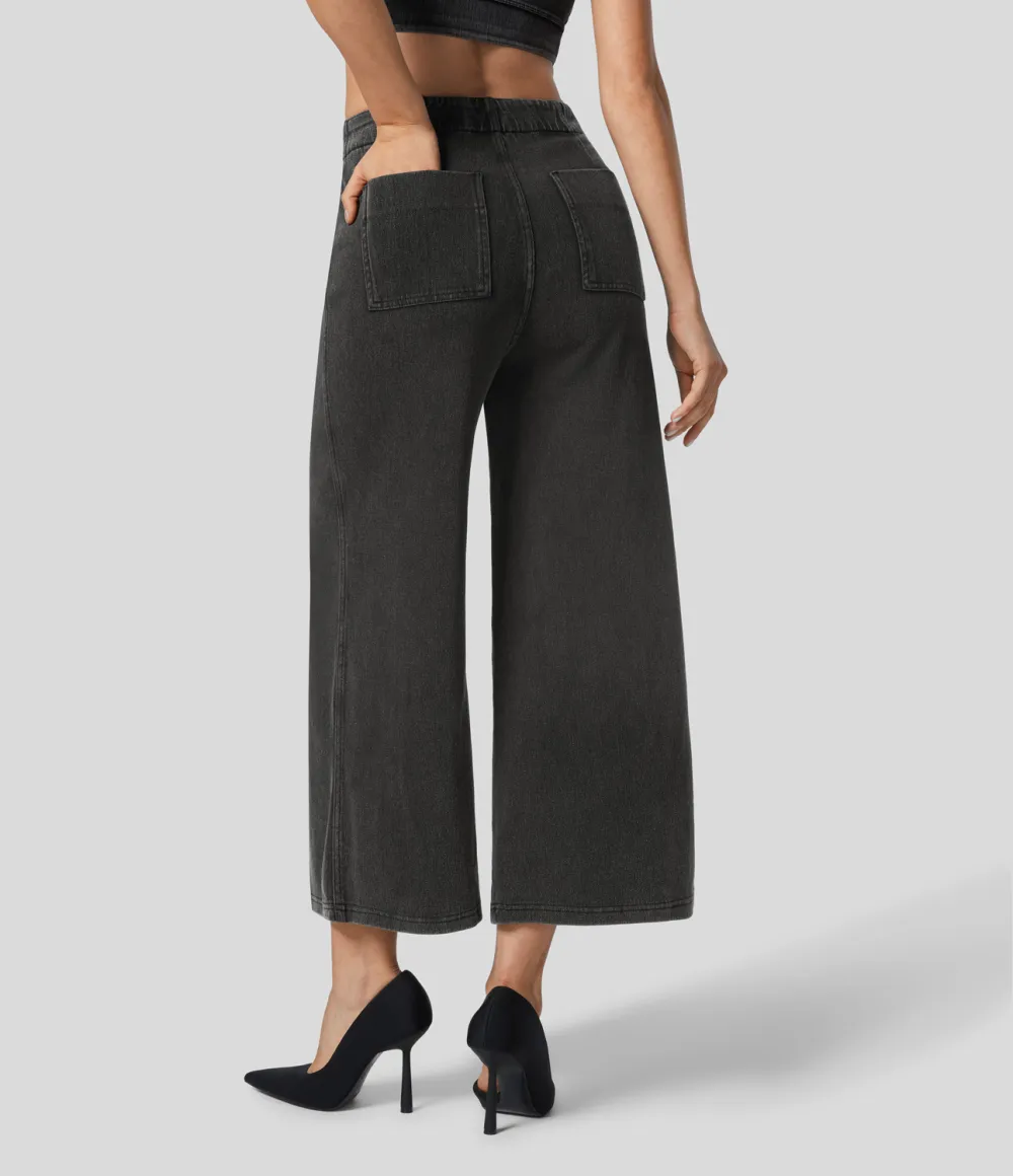 Magic High Waisted Button Pockets Washed Stretchy Knit Casual Wide Leg Jeans