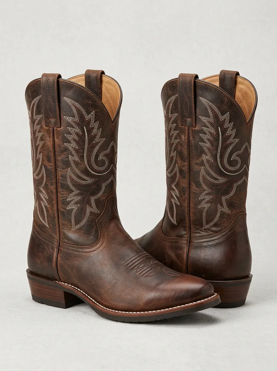 Men's Western Cowboy Embroidered Brown Leather Cowboy Boots