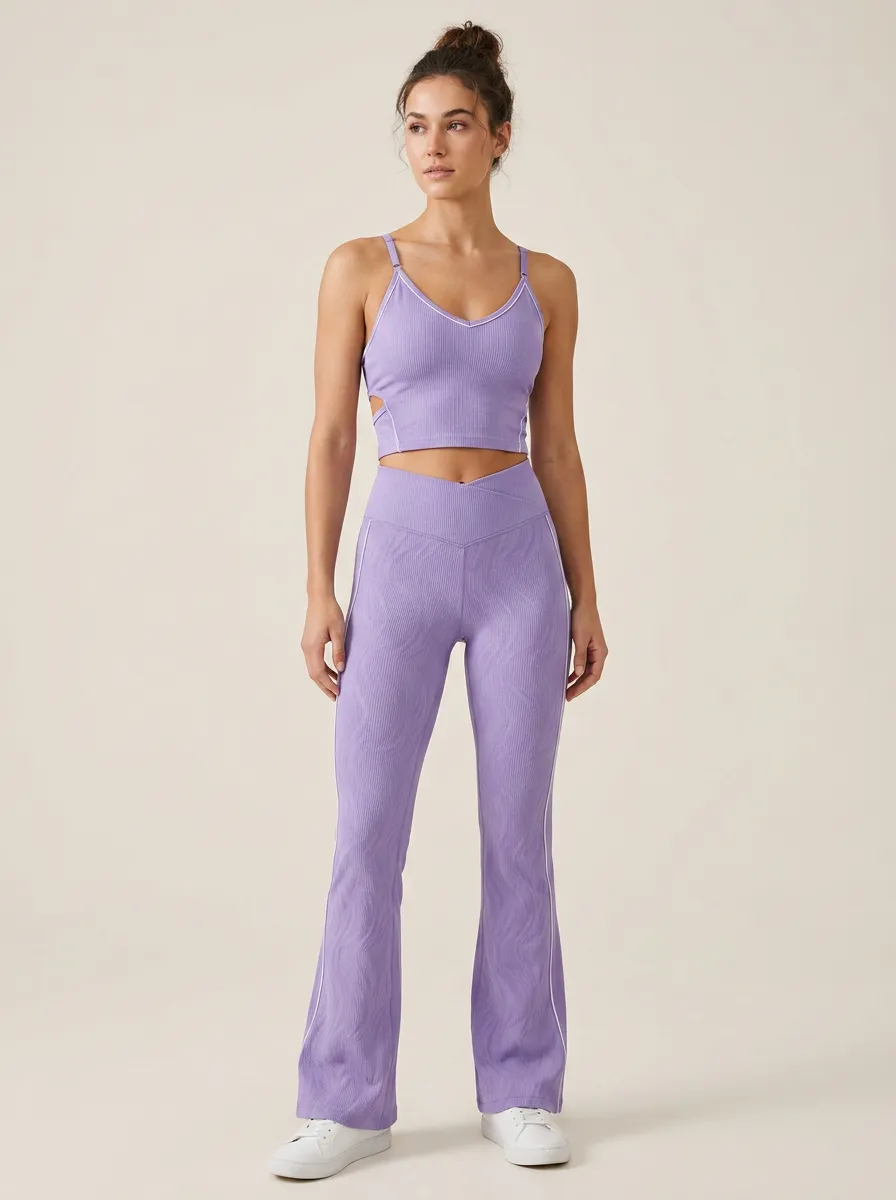 Women's Ribbed Purple V-Neck Crop Top Flared Leggings Printed Set