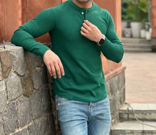 Green Ribbed Long Sleeve Henley Shirt