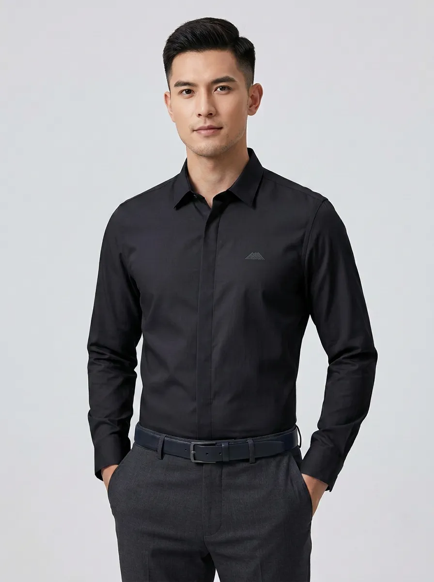 Men's Non-Iron Cotton Light Blue Minimalist Logo Printed Shirt
