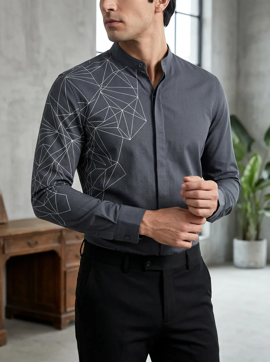 Men's Refined Geometric Line Long Sleeve Mandarin Collar Slim Fit Shirt