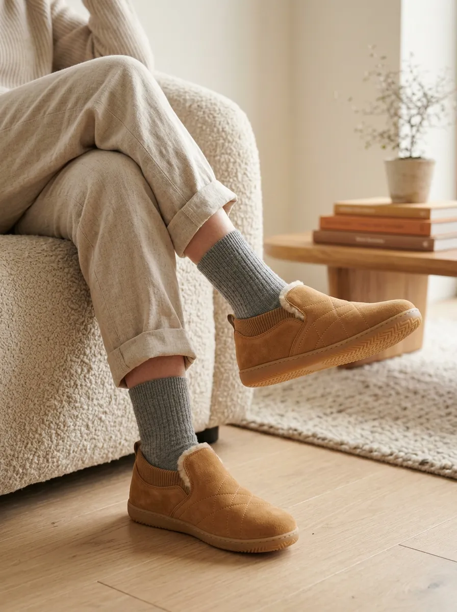 Everyday Suede Look Quilted Modern Look Unisex Warm Wool Shoes