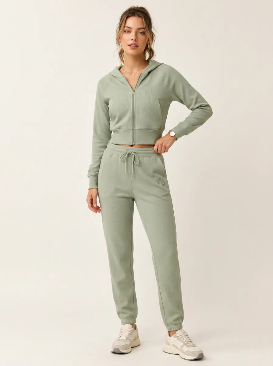 Women's Sage Green Ribbed Leaf Embroidered Zip-up Hoodie Jogger Set