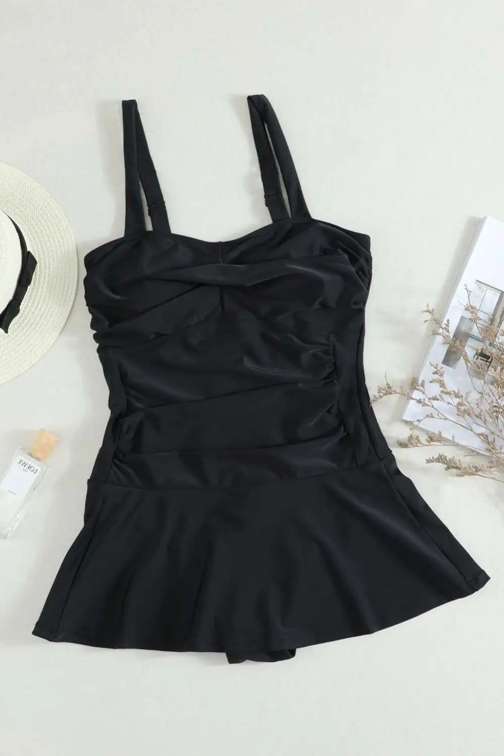 Solid Pleated Flared Basic Active One Pieces Swimsuits Swimwear