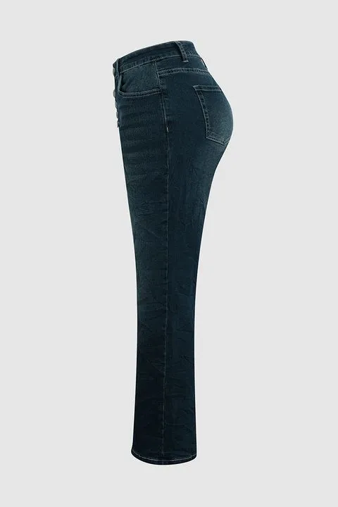 Button Up Roll Hem Straight Leg Jeans