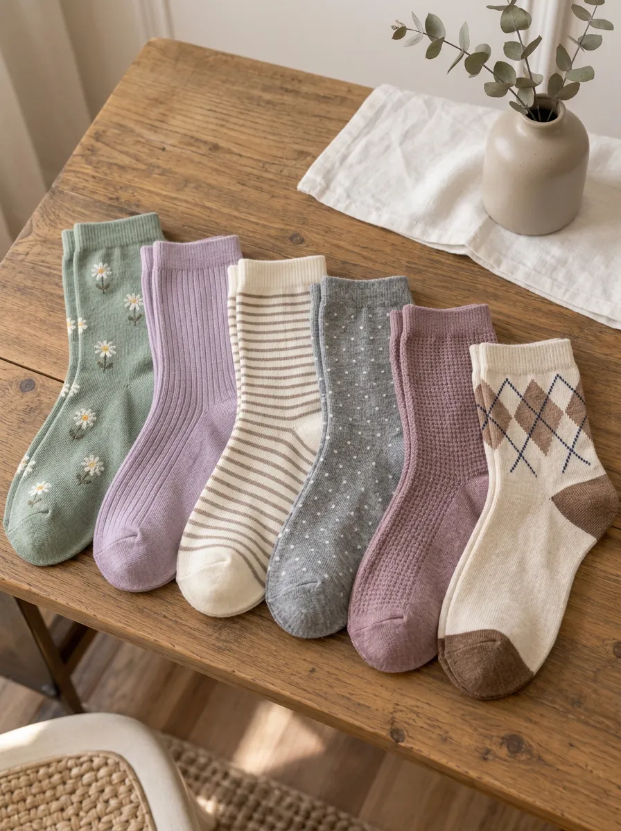 Women's Vintage Floral Striped Polka Dot Argyle Printed Crew Socks 6-Pack
