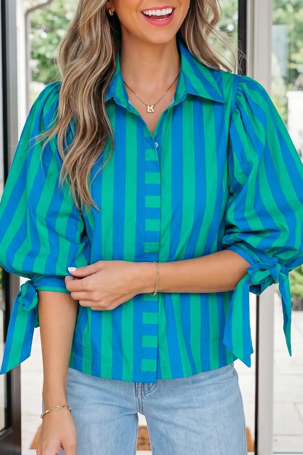 Women's Striped Puff Sleeve Blouse