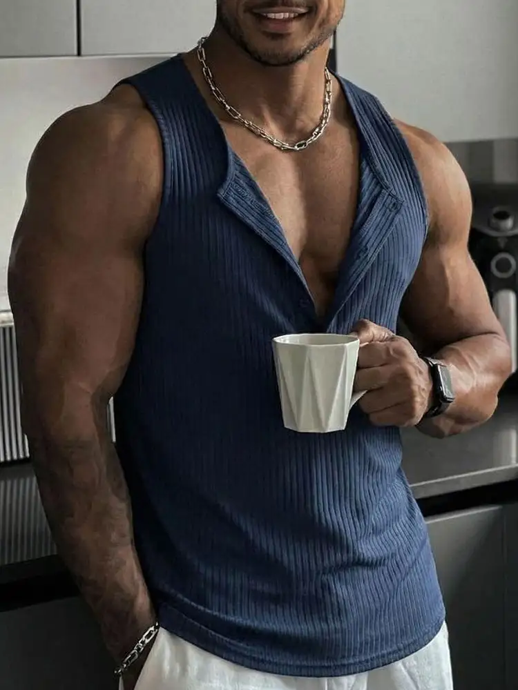 Casual Sporty Vertical Ribbed Henley Tank Top