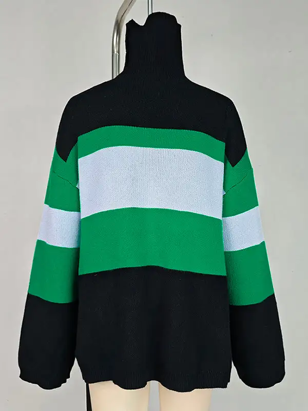 High Low Paneled High Neck Flared Sleeve Pullover Sweater