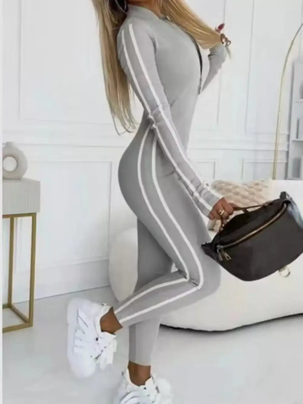 Plus Size Stripe Zip Front Long Jumpsuit