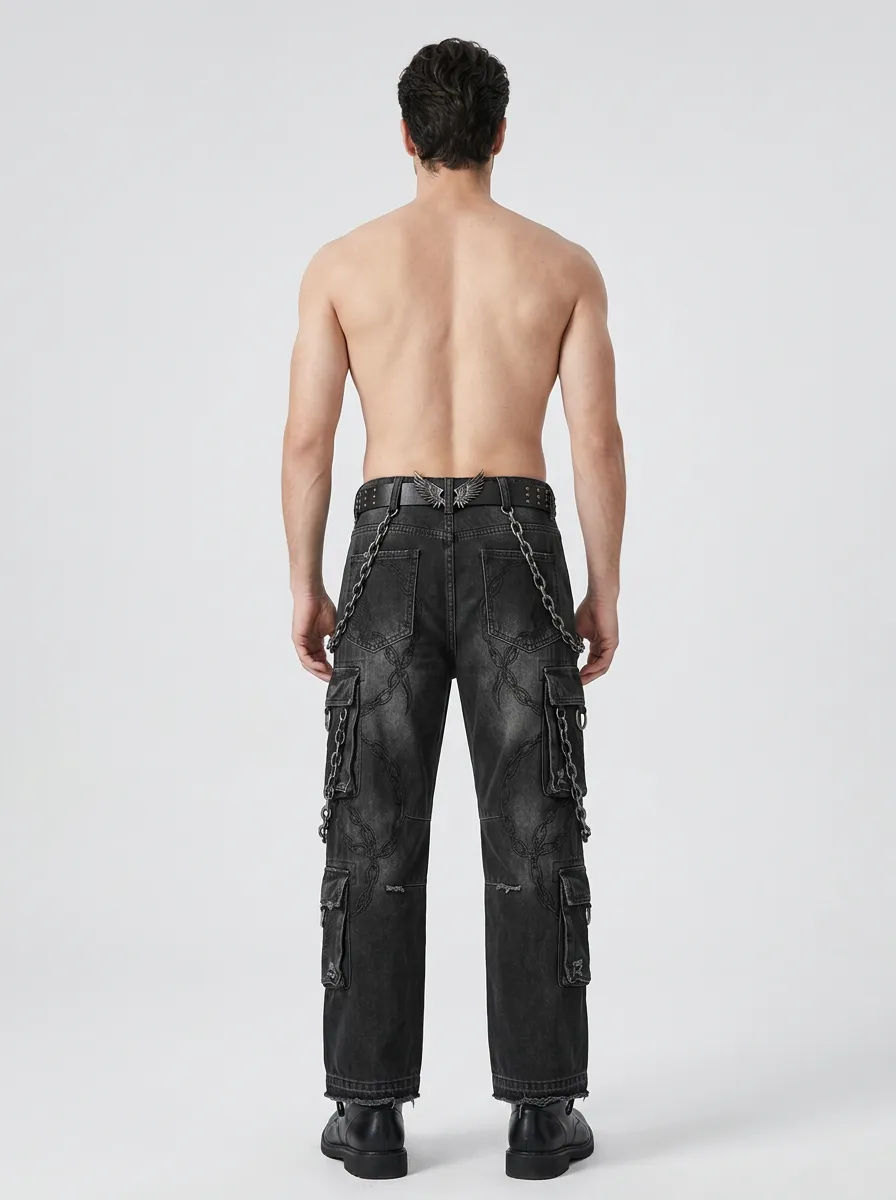 Shadow Wing Chain Embroidered Look Men's Gothic Cargo Pants