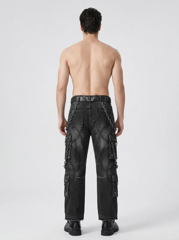 Shadow Wing Chain Embroidered Look Men's Gothic Cargo Pants
